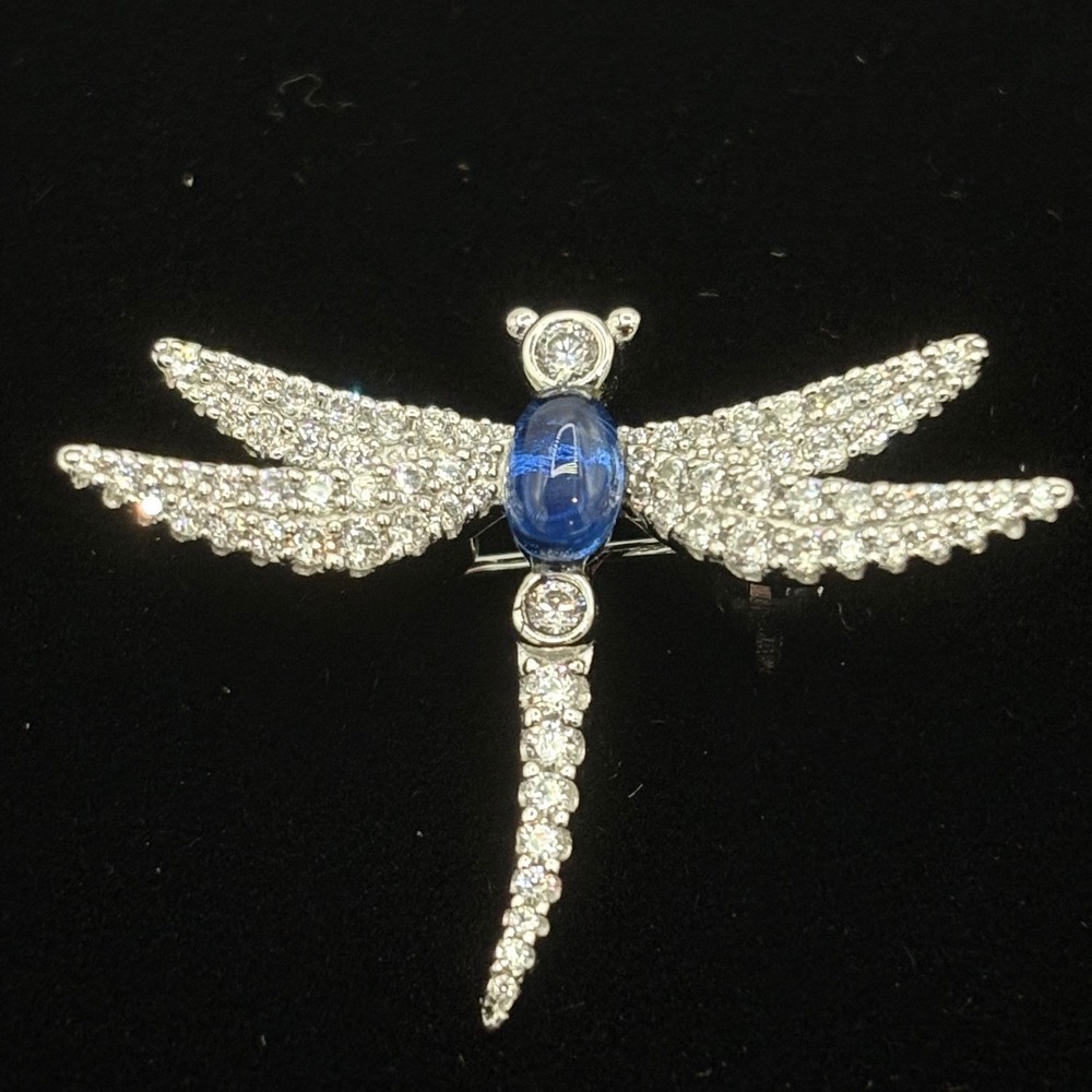 APM Monaco Navy Dragonfly Brooch Pin - 925 Sterling Silver Micro-Pave